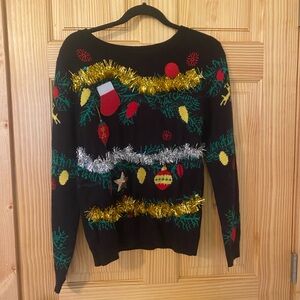 Christmas Sweater Women’s Large – Tinsel Garland jingle bells holiday Pullover